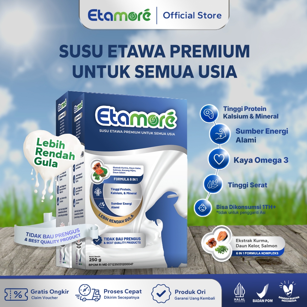 

Etamore Goat Milk Susu Etawa Premium - Susu Nyeri Sendi Mengandung Daun Kelor Salmon Kurma Membantu Mengatasi Asam Urat Rematik dan Nyeri Sendi Sesak Nafas Asma 100% Original Alami Tanpa Efek Samping