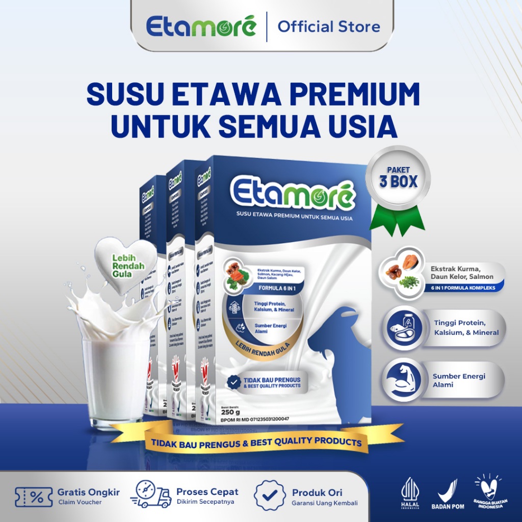

Etamore 3 Box - Susu Kambing Etawa Premium - Etawa Goat Milk Alami Rendah Gula Mengatasi Asam Urat Nyeri Sendi Pegal Linu dan Pernafasan BPOM