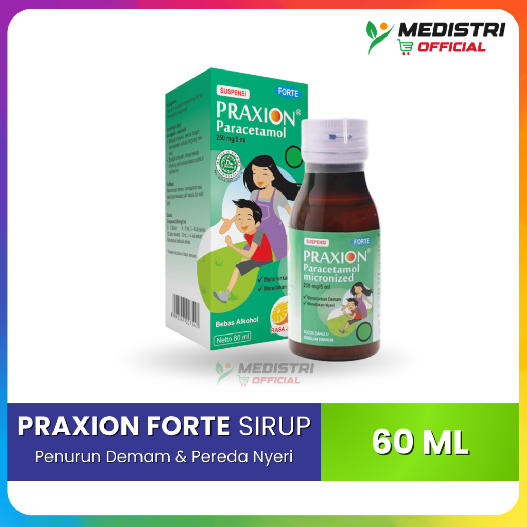 Praxion Forte Paracetamol 250mg Sirup 60ml Meredakan Demam Nyeri Sakit Gigi Anak