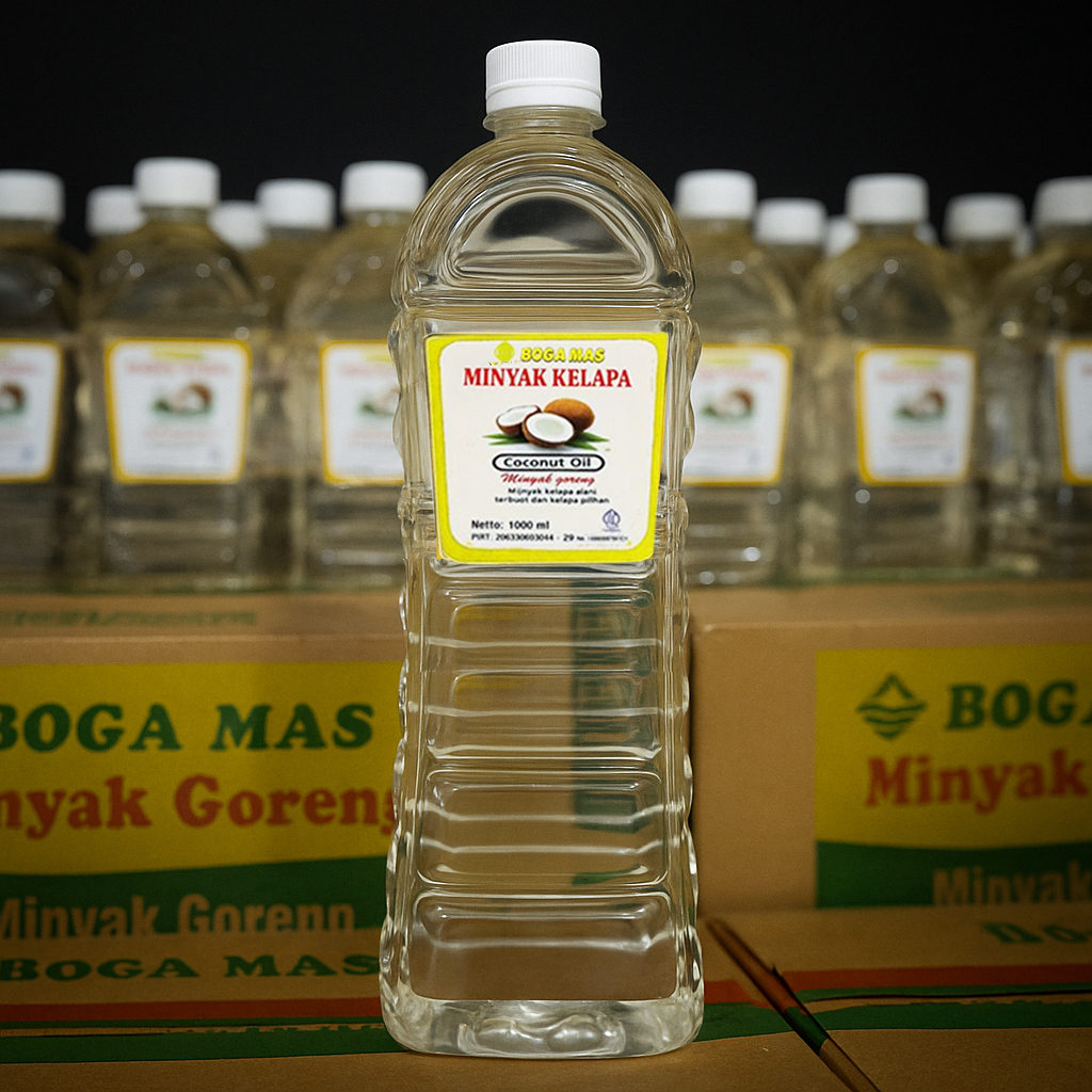 Minyak Kelapa Murni 1 Karton BOGA MAS, Minyak Klentik, Minyak Goreng Sehat. 1 Karton (12 Botol @1 Li