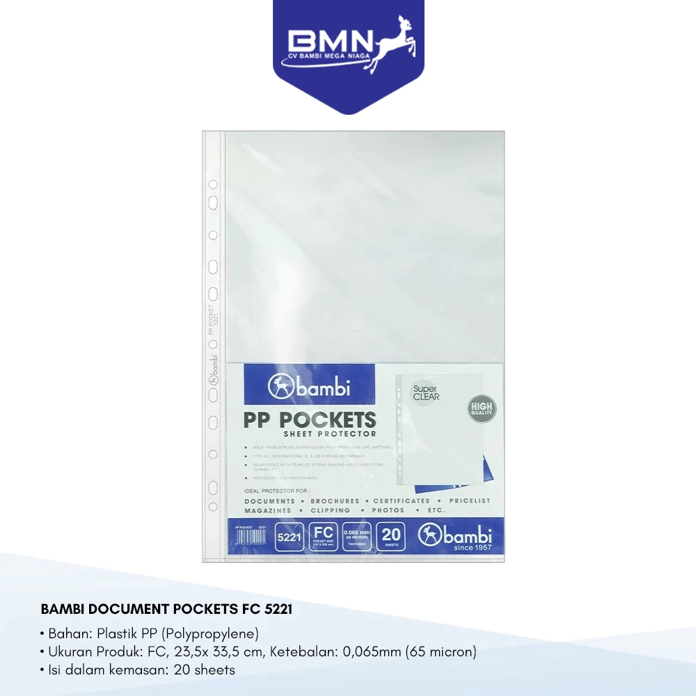 

Bambi Document Pocket Transparant Sleeve Folio Tebal 0.06 mm kode 5221