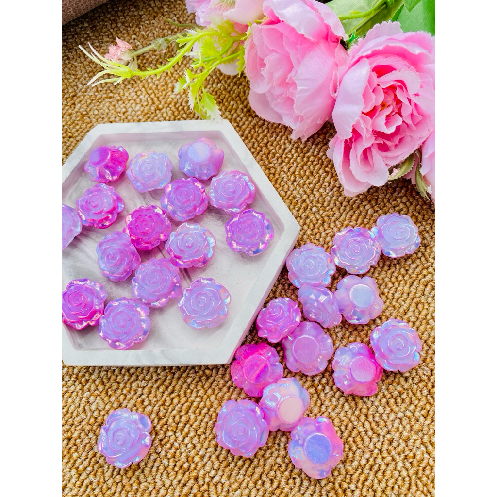 Manik Bunga /Resin Shiny Ungu Pink Mawar Tulip Kelopak Flower Beads Hiasan Gelang DIY Handmade Akses