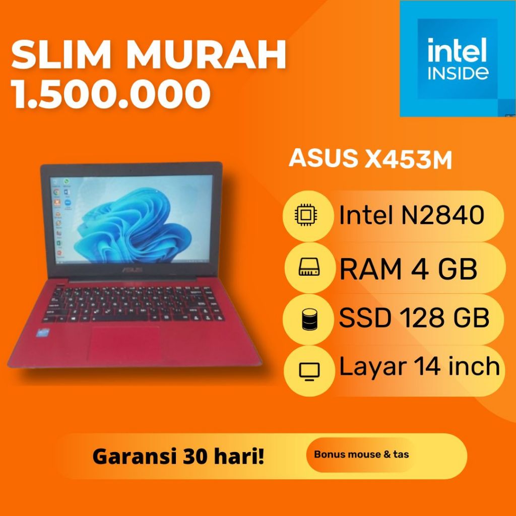 Laptop Asus X453M Red Merah Slim Intel Celeron N2840 SSD 128GB RAM 4GB Tipis Second Bekas