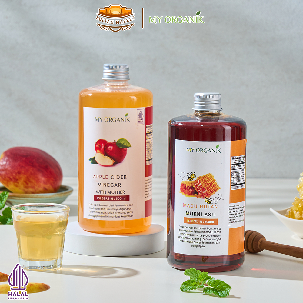 

My Organik Paket 2 in 1 Cuka Apel Organik with Mother apple cider vinegar untuk Kesehatan Madu Hutan