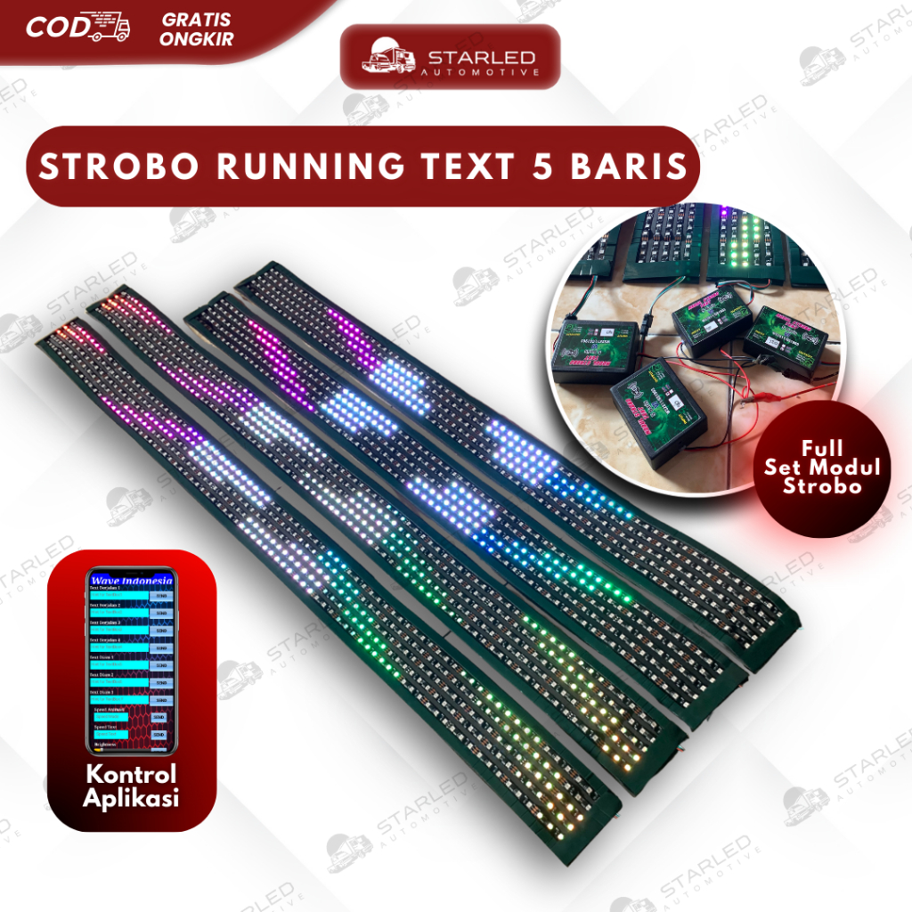 Strobo Kaca Running Text 5 Baris 12 Volt dan 24 Volt 1 Set Komplit Modul dan Lampu Mobil Bus Truk St