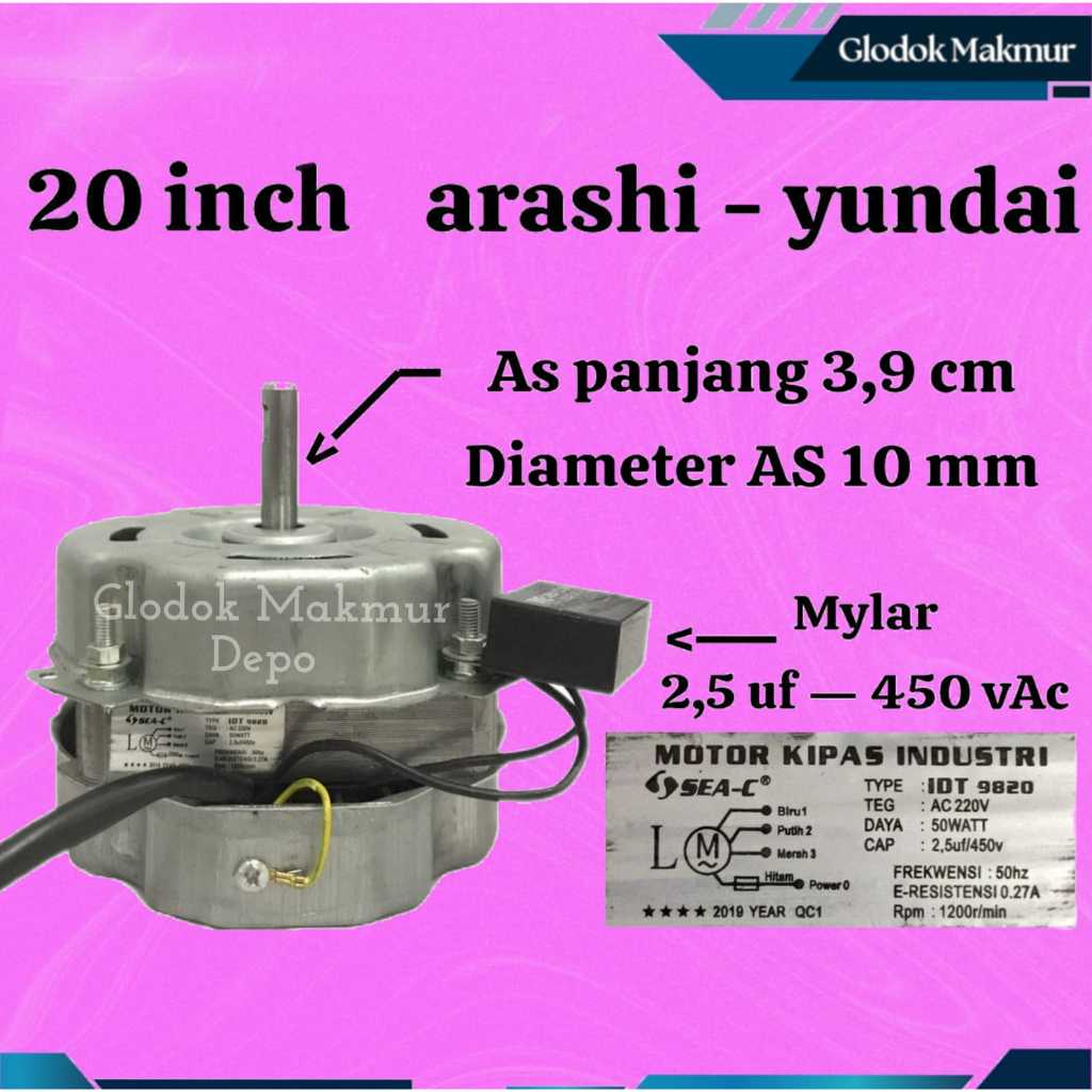DINAMO KIPAS ANGIN MOTOR FAN BEARING WATT BESAR DUDUKAN BESI 20INCH ARASHI-YUNDAI 20WATT AS 10 MM