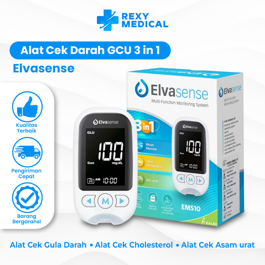 Alat Cek GCU 3in1 EMS10 Elvasense / Cek Gula Darah / Kolesterol / Asam Urat / Alat Cek Gula Darah Di