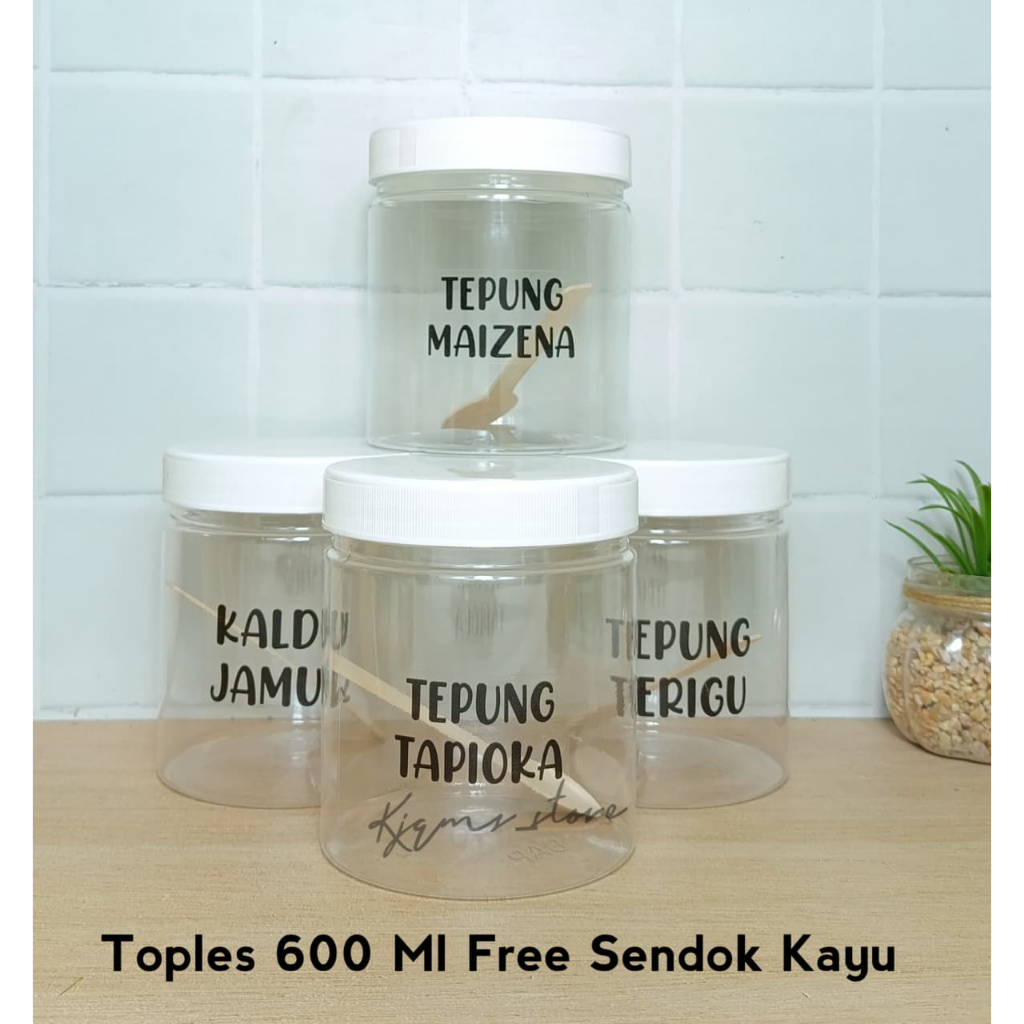 TOPLES BULAT 500 ML STIKER TRANSPARAN TUTUP PUTIH FREE SENDOK KAYU AESTHETIC