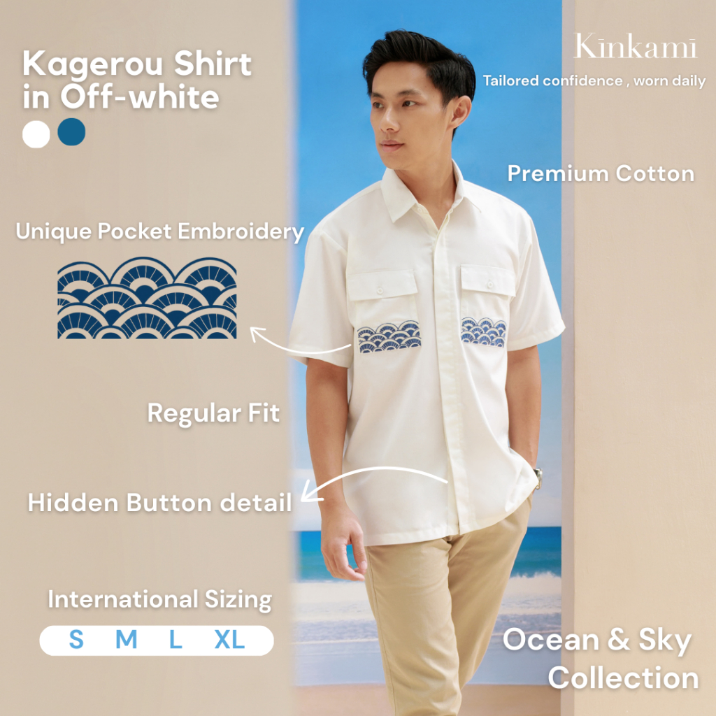 Kemeja Pria Lengan Pendek Premium Bordir | KAGEROU White Shirt by Kinkami