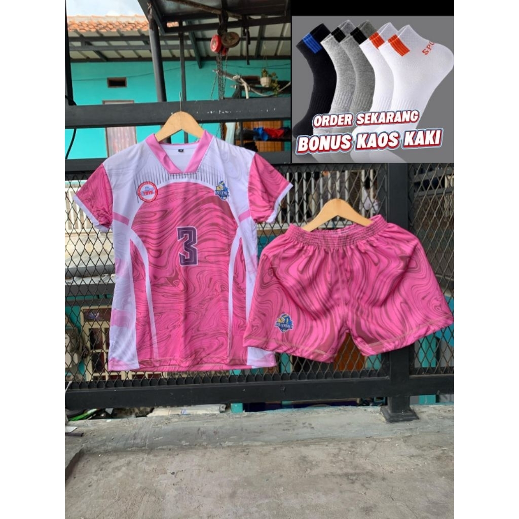Pusat Jersey Olahraga Voli Cewek Full Printing Motif Pink Garis