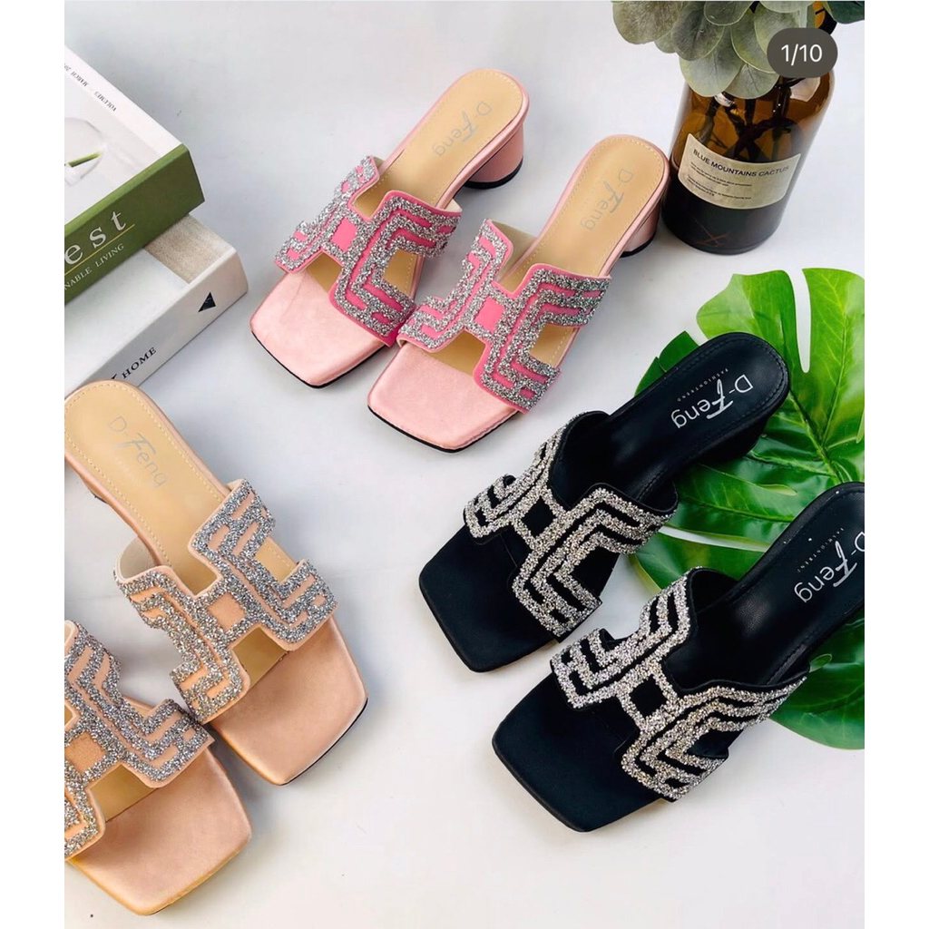 1609 sendal slop wanita cewek tinggi 5 cm bling2 bahan kain satin untuk pesta/kondangan nyaman ringa