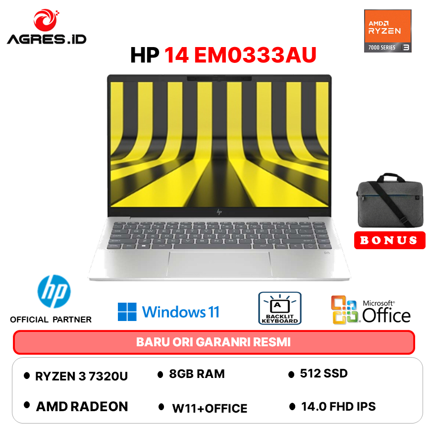 HP 14 RYZEN 3 7320 16GB 512GB W11+OHS 14.0FHD IPS BLIT 2Y SLV