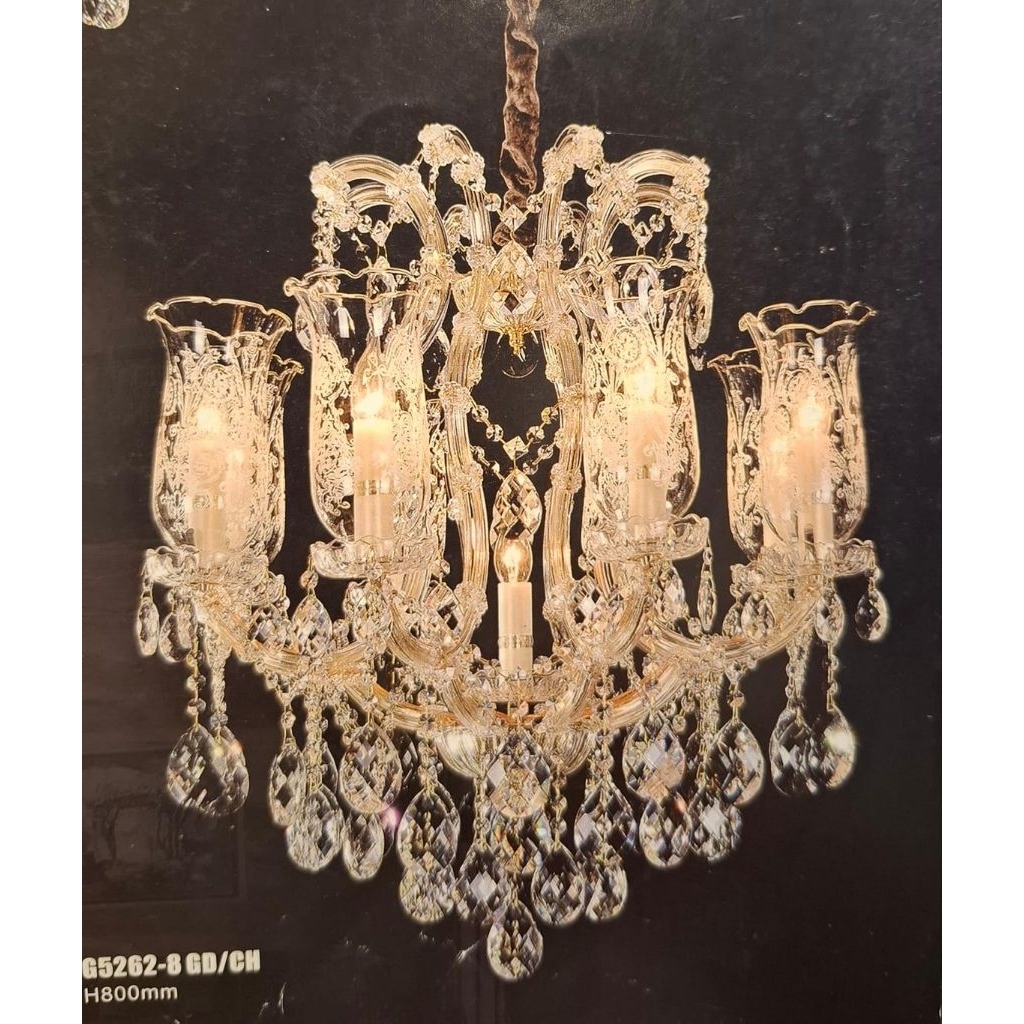 Lampu Gantung Hias Kristal Lilin Ceko Chandelier Semprong 8 Lampu Meja Makan Gold & Silver