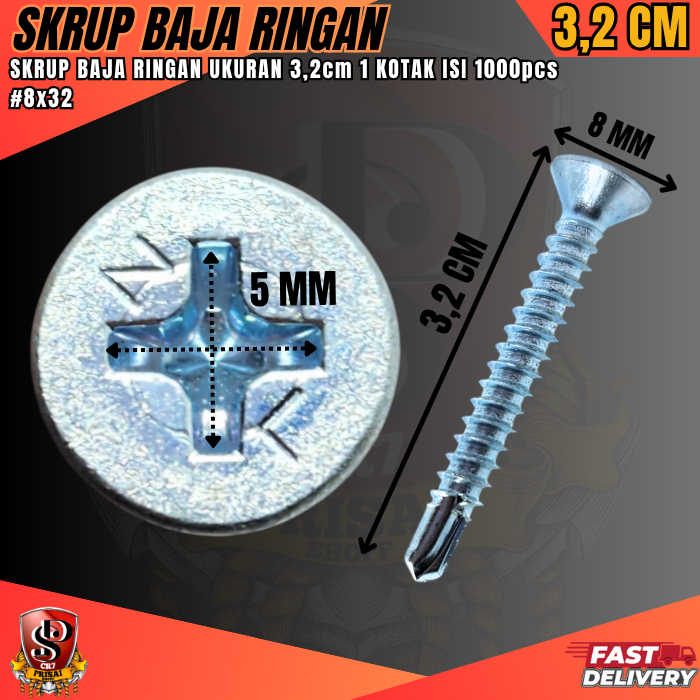 SEKRUP BAJA RINGAN UKURAN 8X32 3,2CM 1KOTAK ISI 1000PCS / SKRUP BAJA BAUT SKRUP ROOFING SERBAGUNA SU