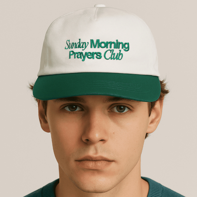 Topi Rohani Kristen Katolik 'Sunday Morning Prayers Club' White & Green Unstructured [Plinth Based]