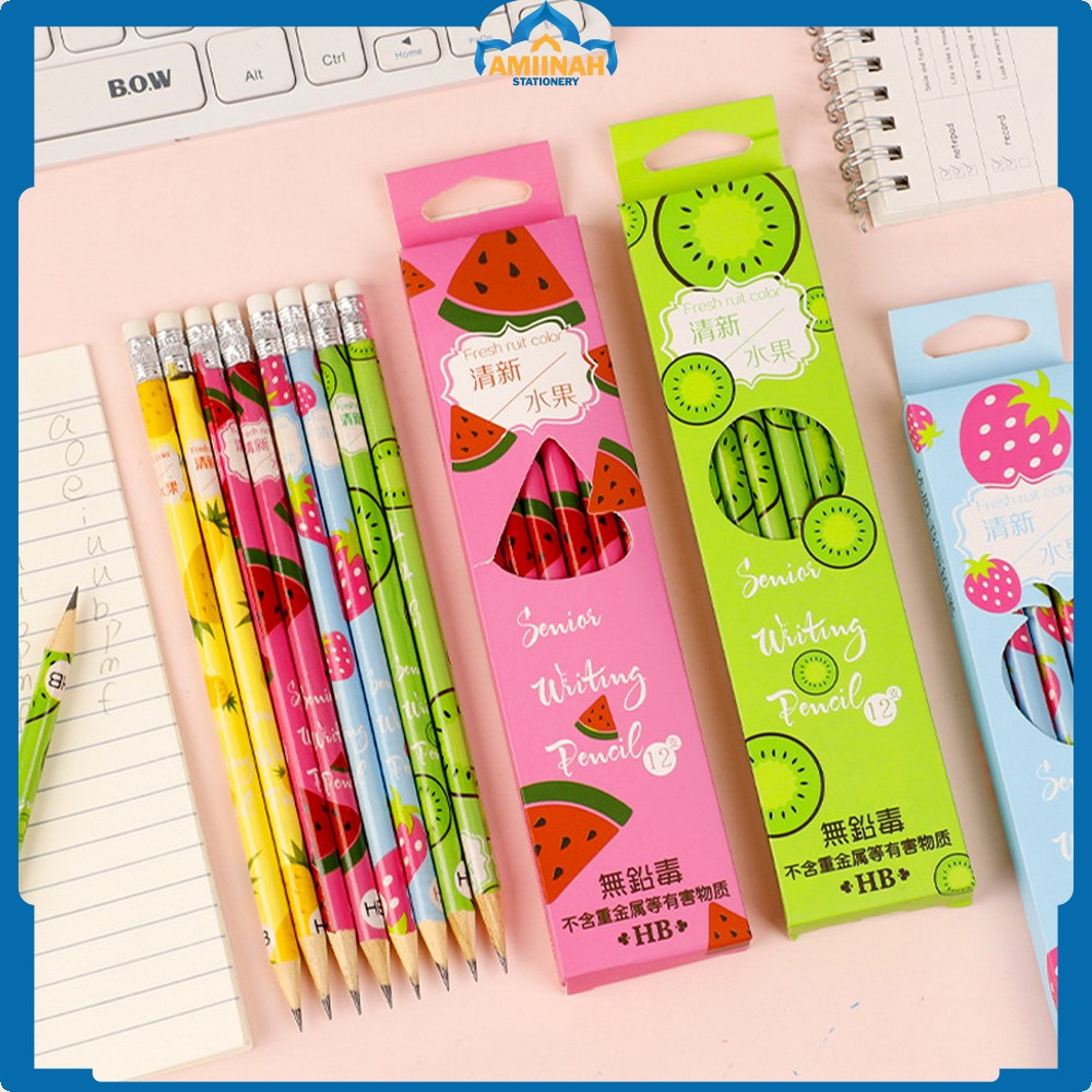 

Pensil 12pcs Alat Tulis Sekolah Pencil Fruits With Eraser Pensil Kayu Set 12IN1 Motif Buah Dengan Penghapus Praktis Amiinah Stationery A49