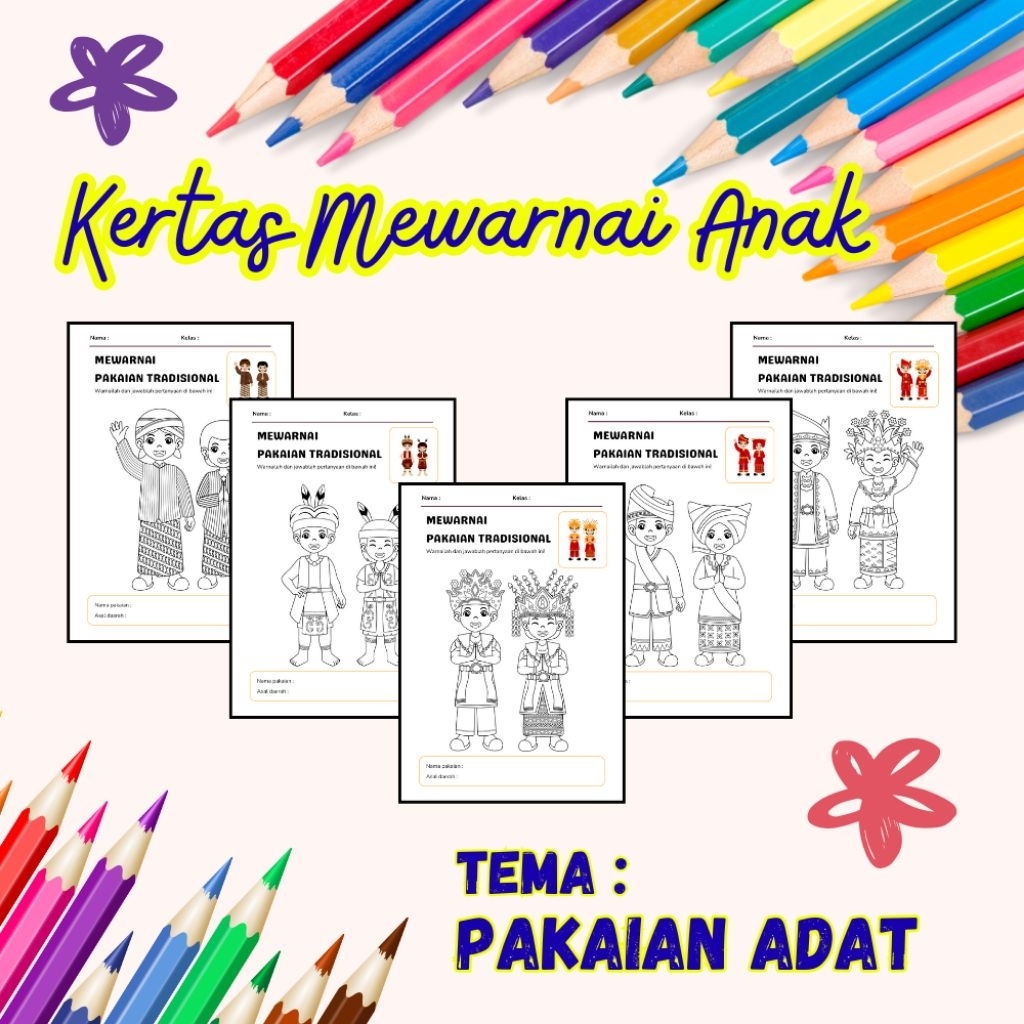 

20 - 32 LEMBAR KERTAS MEWARNAI ANAK TEMA PAKAIAN ADAT (READY LANGSUNG KIRIM)
