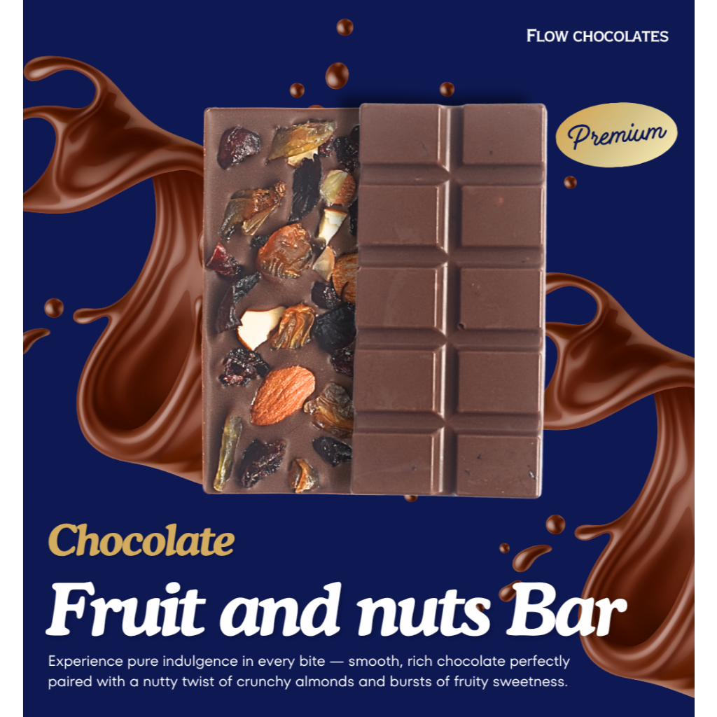 

Flow Chocolate Bar 40g – Cokelat Susu Premium Handmade dengan Isian Almond, Cranberry & Kismis