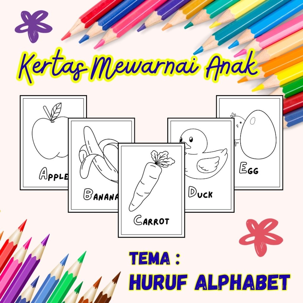 

26 LEMBAR KERTAS MEWARNAI ANAK TEMA HURUF ALPHABET (READY LANGSUNG KIRIM)