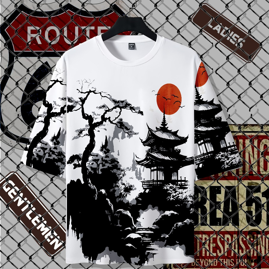 Kaos Fashion Unisex Full Printing - Baju Motif Jepang Pagoda Premium Cotton Combed Ukuran M-XL