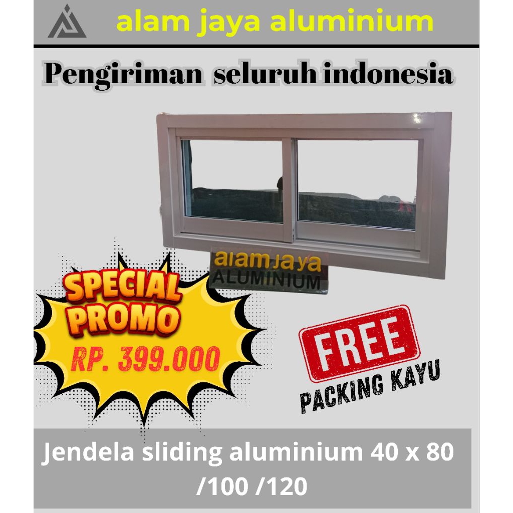 Jendela sliding aluminium tinggi 40 cm x 80 /100 /120
