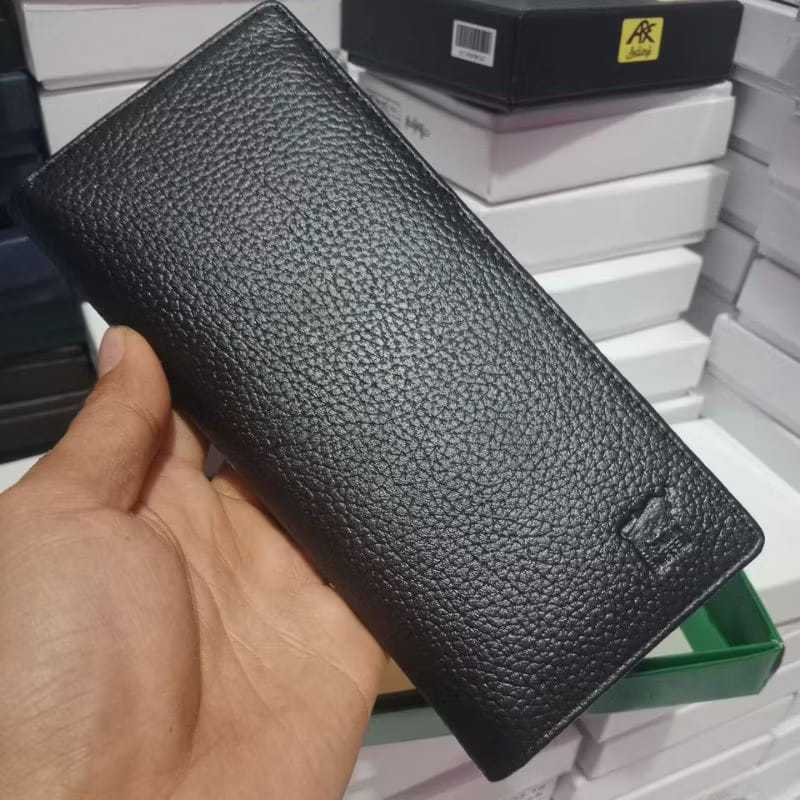Dompet Panjang Kulit Asli Pria / Wanita Lipat Tipis Hitam Import