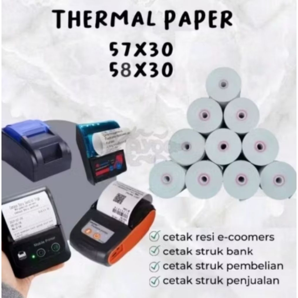 

COD ✅ KERTAS STRUK THERMAL PAPER ROL 58x30 | 57x30 | PRINTER MINI BLUETOOTH