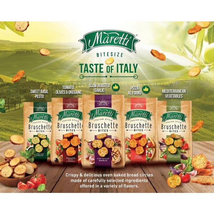 

Camilan / Makanan Ringan Snack Impor Itali Maretti Bakery Oven Baked Bruschette Chips 70 Gr x 2 Varian Slow Roasted Garlic, Pizza Al Forno, Mediterranean Vegetables, Tomato Olive & Oregano