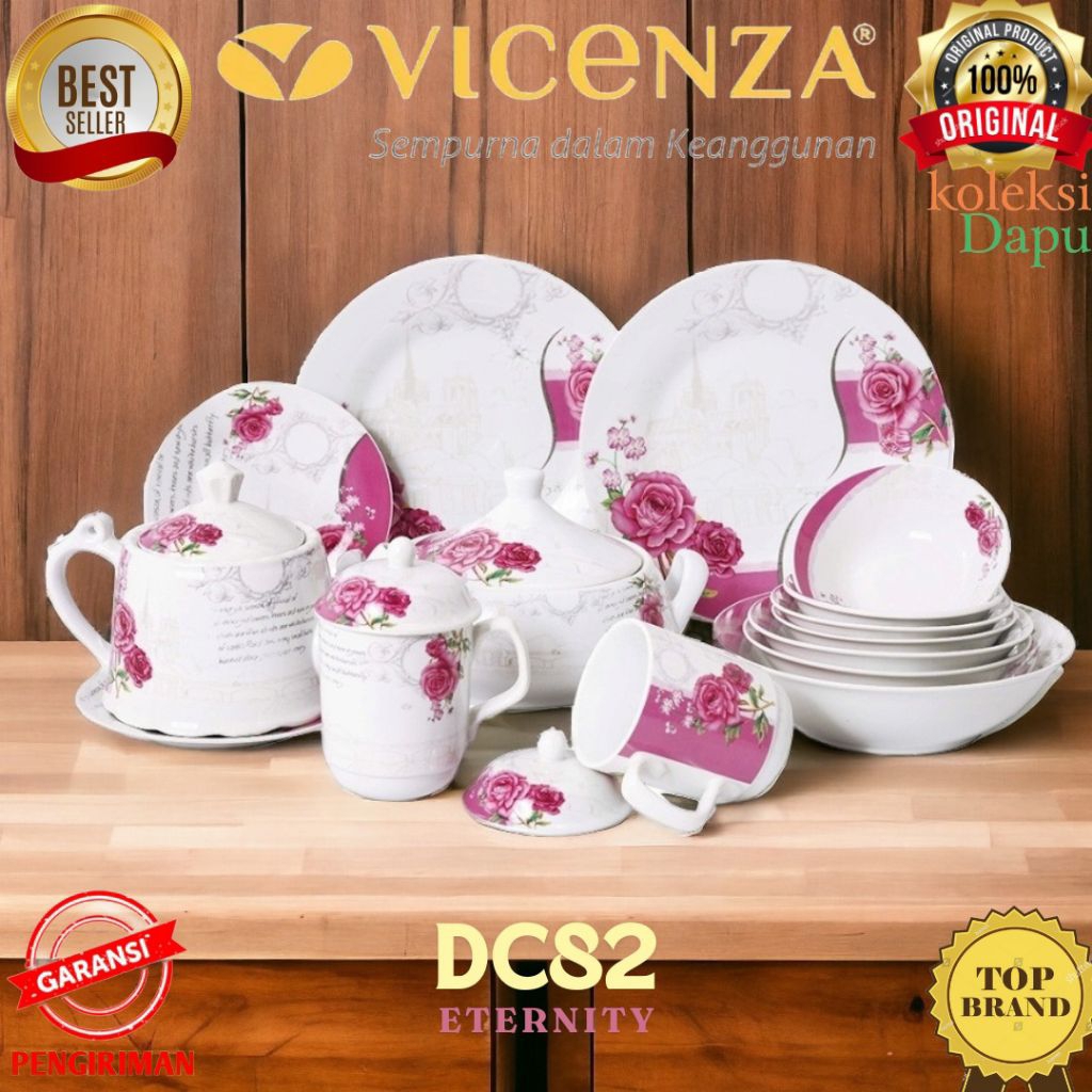 Set Perlengkapan Makan Vicenza DC82 ETERNITY, lengkap Mug teko piring mangkuk hingga tutupnya ASLI V