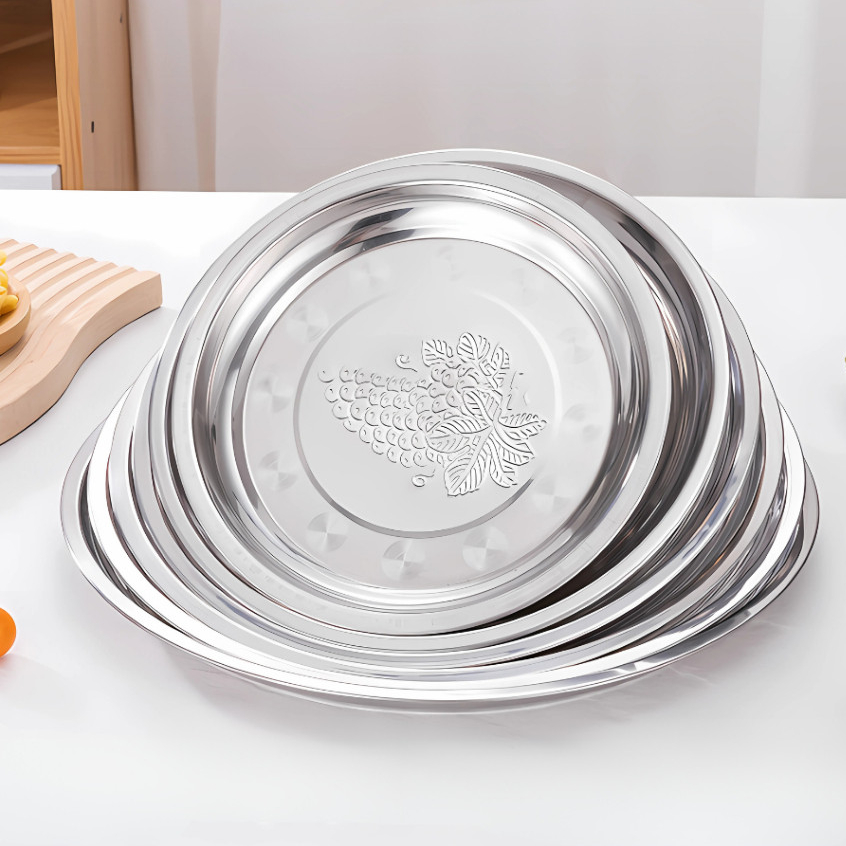 Homiya Corner - Piring Nampan Stainless Steel Bulat Motif Anggur 28–34cm Anti Karat 187