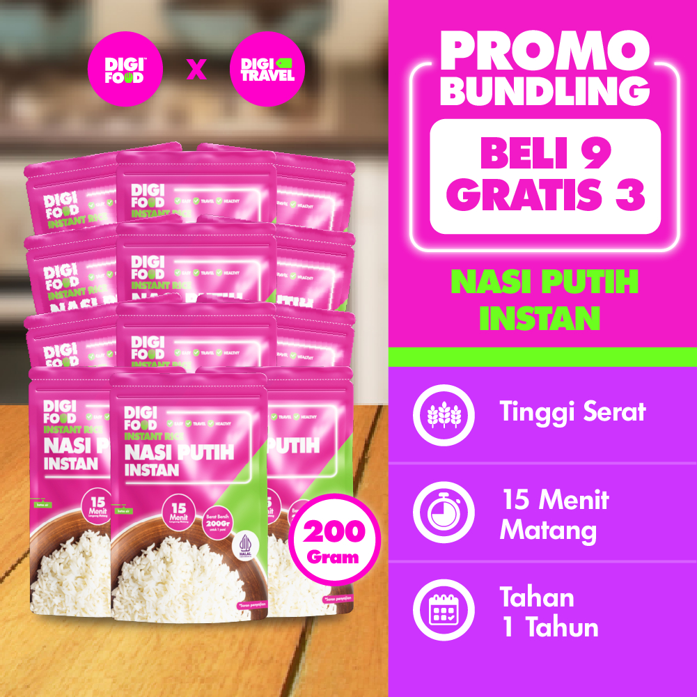 

DIGITRAVEL Nasi Putih Instan 200gr – Bundling Hemat Traveling Beli 9 Gratis 3