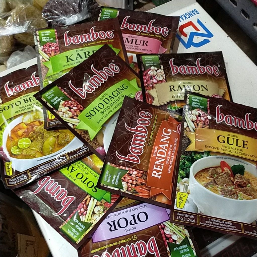 

bumbu bamboe gule/ rendang/rawon/ soto daging/ kare/ semur/ soto Betawi/ soto ayam/opor/ ayam goreng /tom Yum