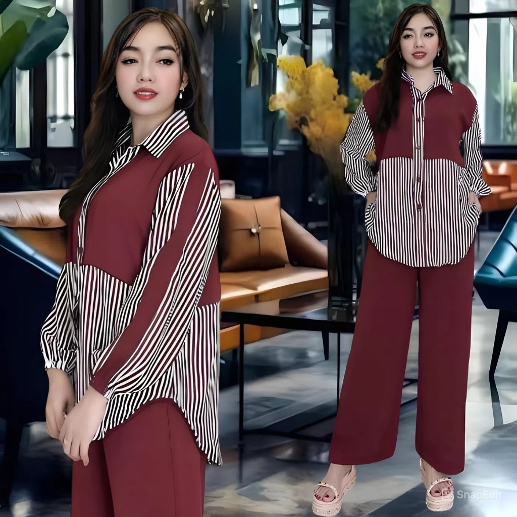 Santara set stelan wanita dewasa kasual kekinian terbaru atasan kemeja oval celana kulot lurus denga