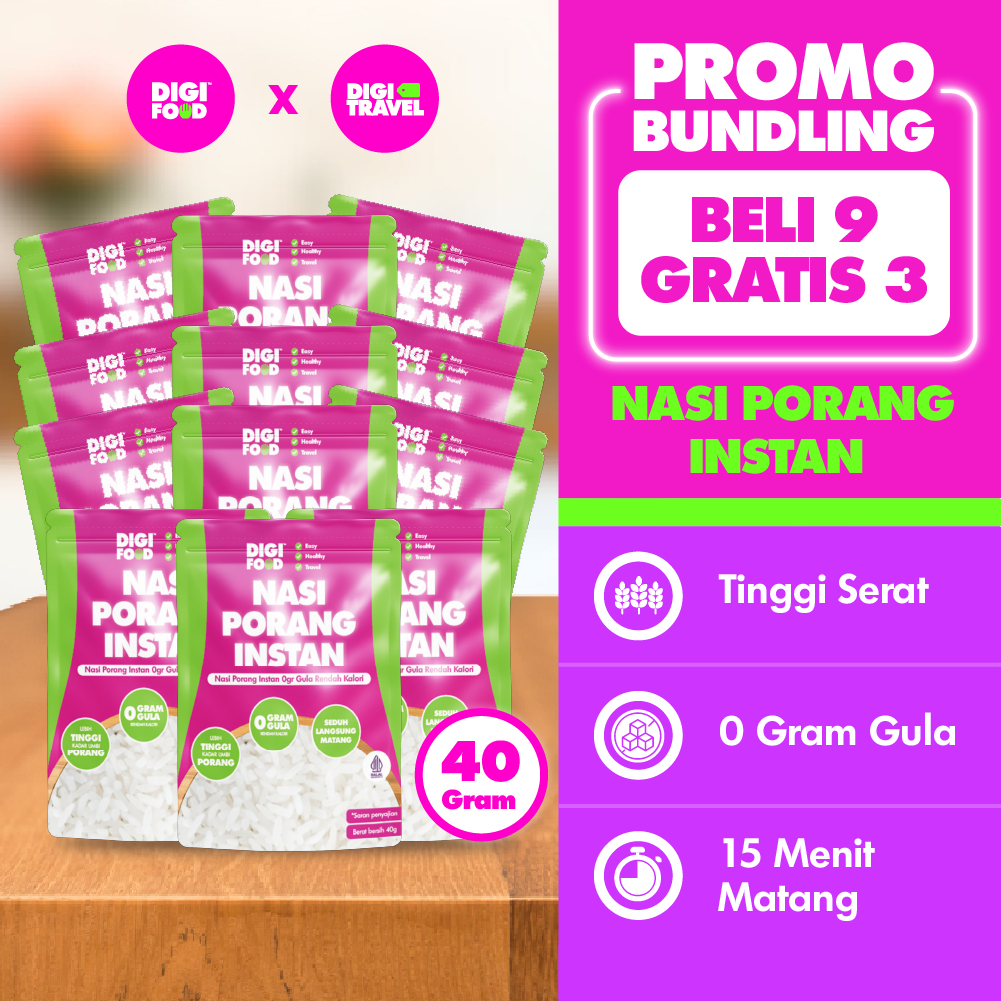 

DIGITRAVEL Nasi Beras Porang Instan 40gr – Bundling Hemat Perjalanan & Diet Beli 9 Gratis 3