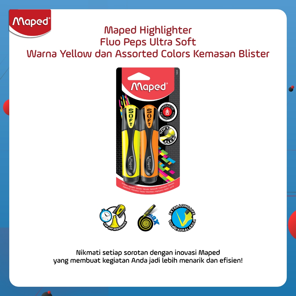 

Maped Highlighter Fluo Peps Ultra Soft warna Yellow dan Assorted Colors Kemasan Blister