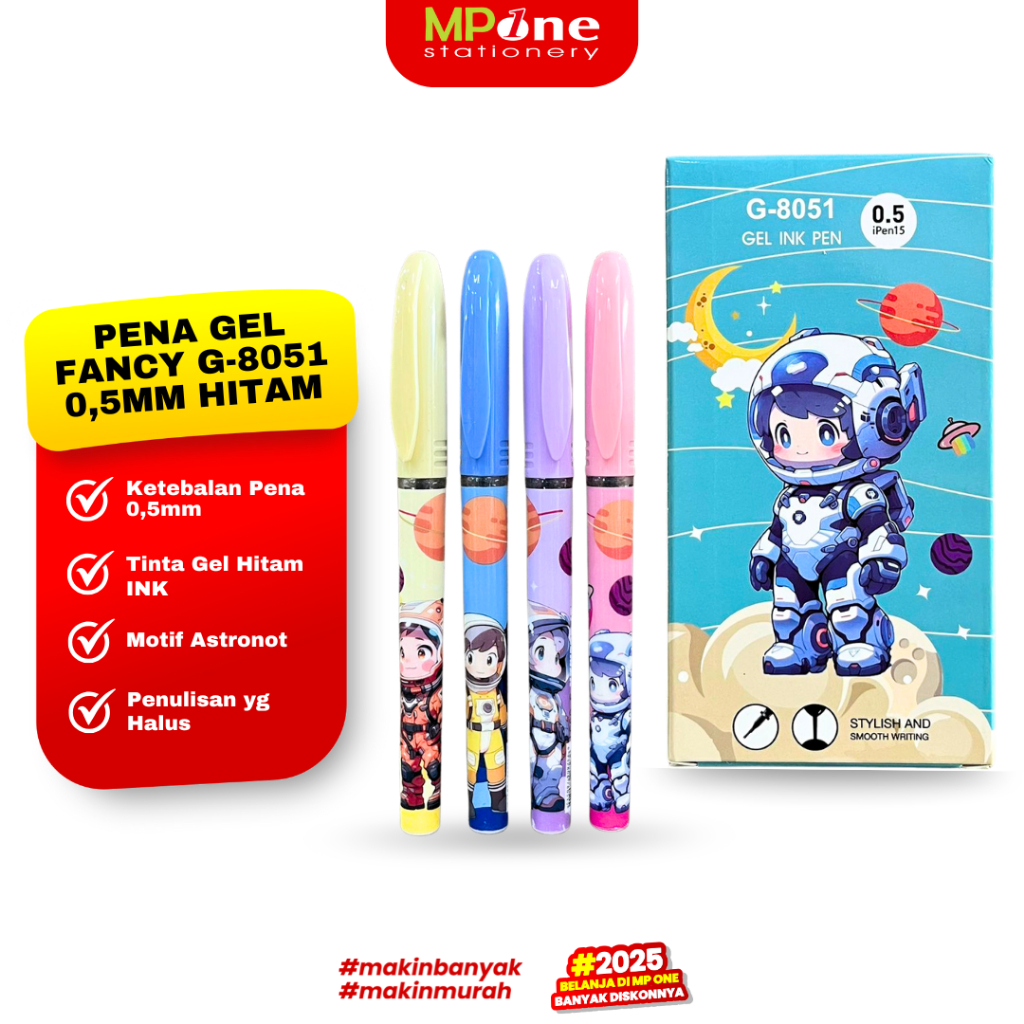 

(1 KOTAK) Pena Gel fancy 0,5MM Hitam G-8051 / Pulpen Gel INK Motif Astronot Isi 12 Pcs