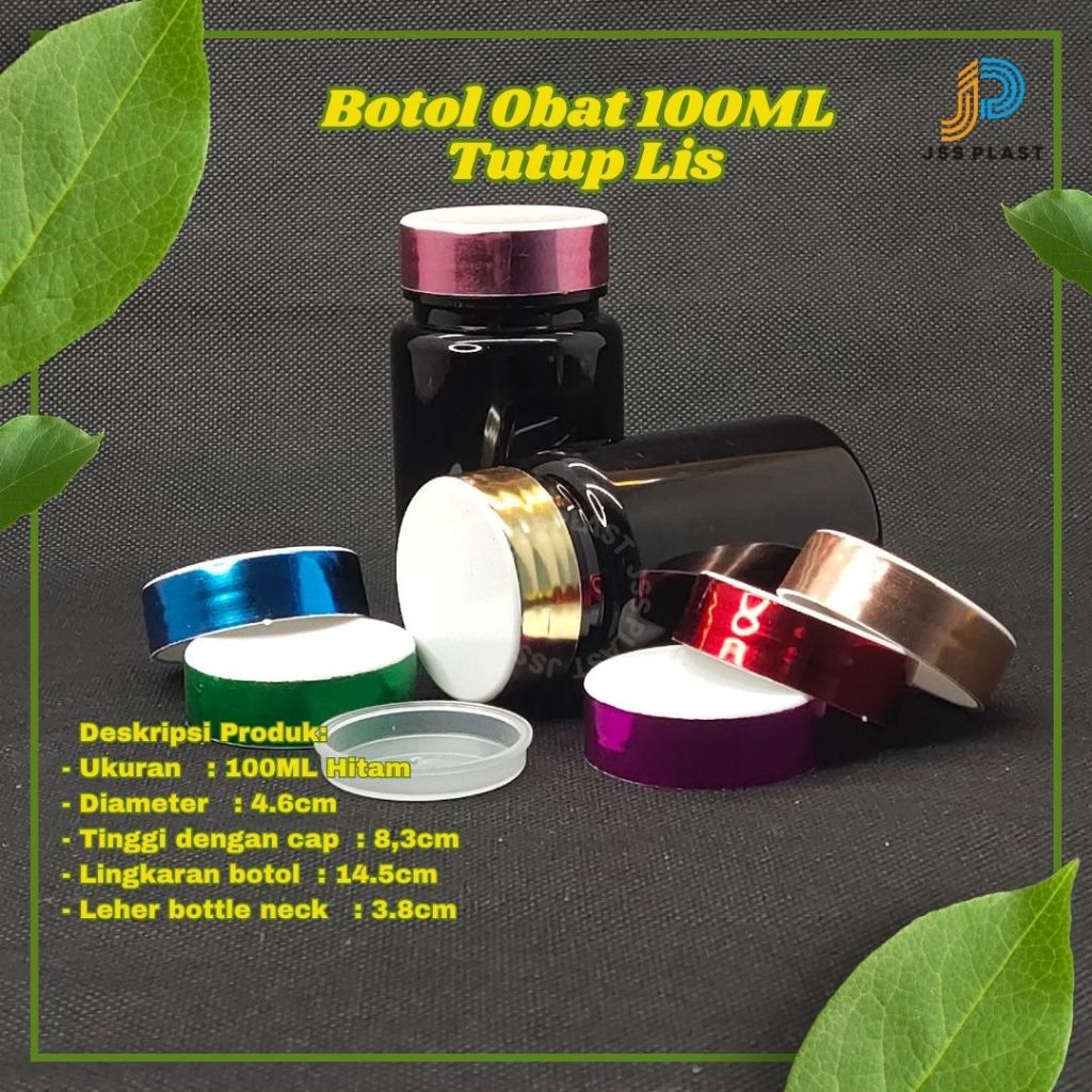 Botol Obat 100ML Hitam Tutup Putih lis Pink + Inner