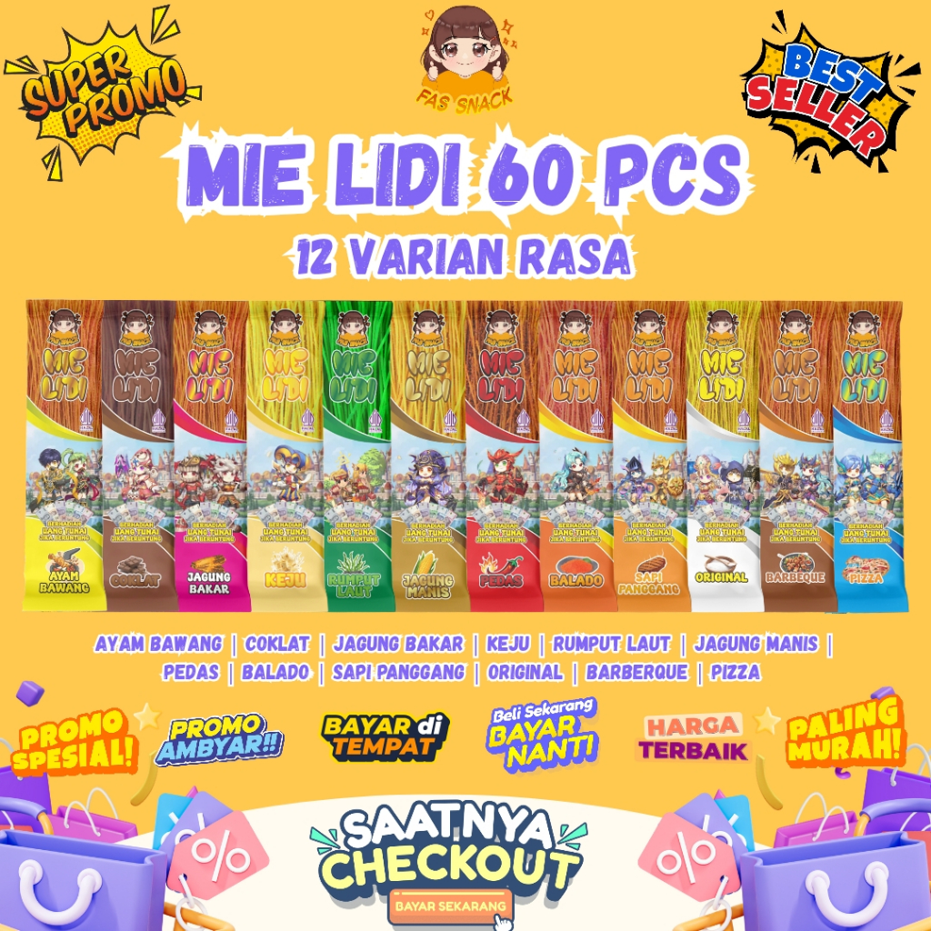 

MIE LIDI KARAKTER ISI [ 60 PCS ] 12 VARIAN RASA PAKET USAHA VIRAL BY FASSNACK
