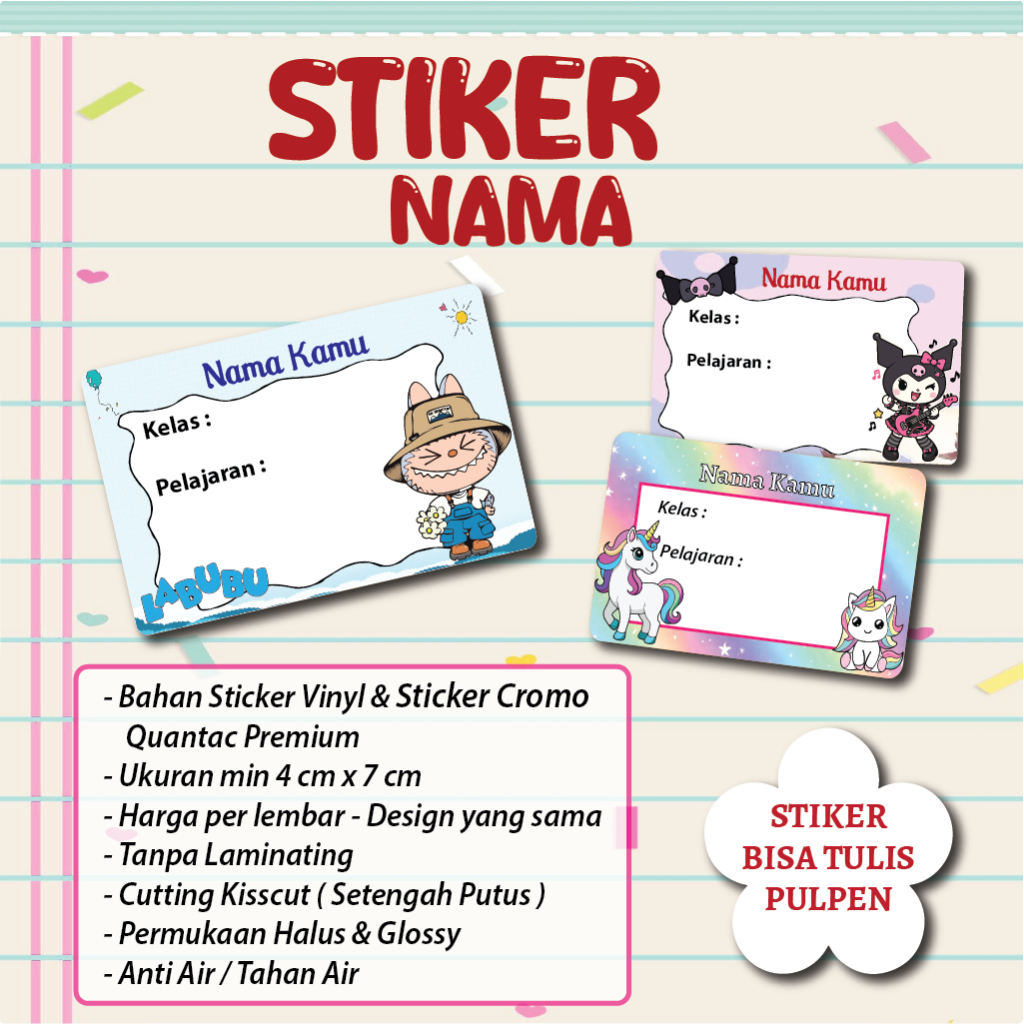 

Cetak Stiker VYNIL Cromo Stiker Nama Buku Print Sticker Nama Buku Vinyl Custom A3+ VINIL