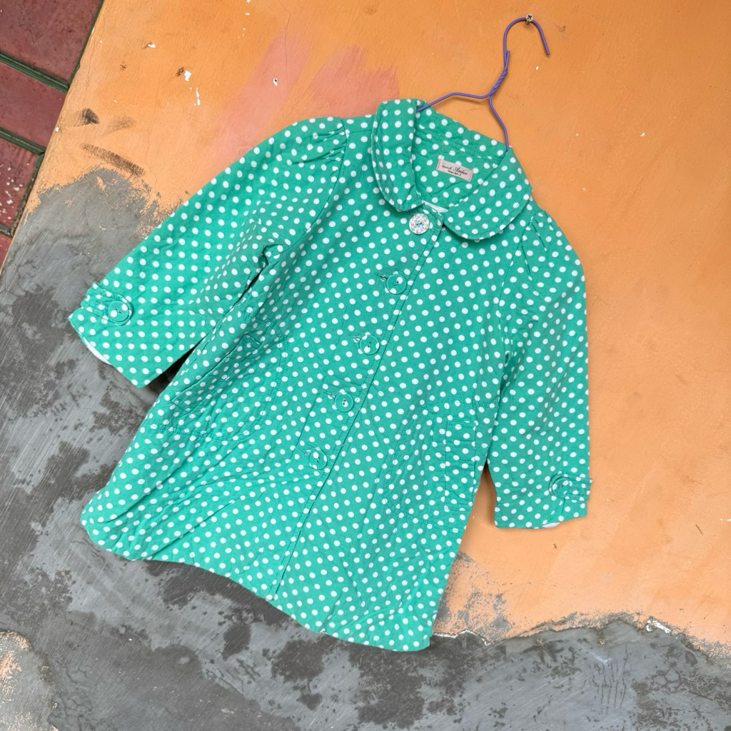 preloved jaket coat polka anak 3-4 tahun hijau