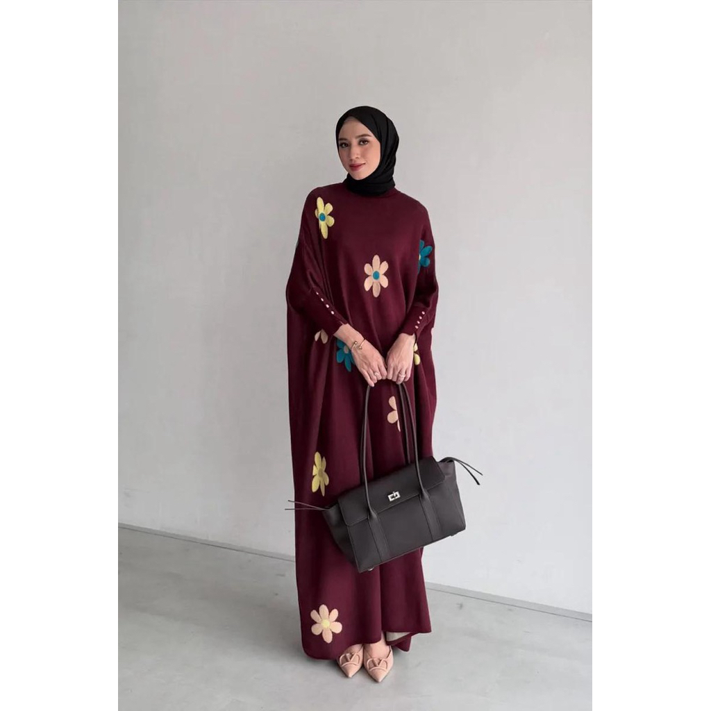 GONEGANI Batwing Blossom Dress - Dress Batwing Motif Bunga Bahan Cotton Knit