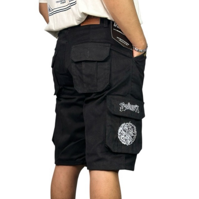 CARGO - CELANA CARGO PENDEK BORDIR MUSIC METAL - CARGO PENDEK HITAM PEKAT - CELANA CARGO SANTAI - CA