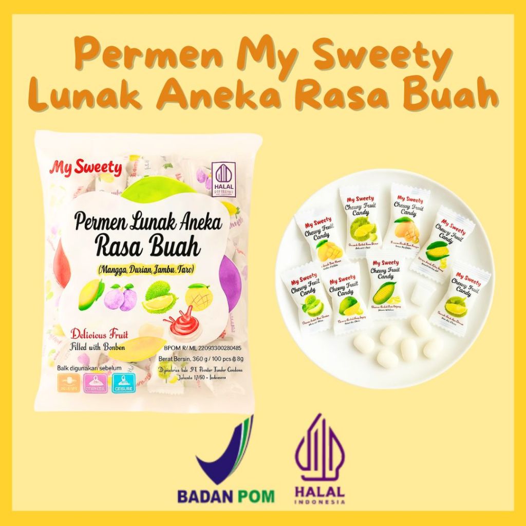 

Permen Candy Lunak MY SWEETY Aneka Rasa Buah Mangga, Durian, Jagung, Taro 360gr HALAL BPOM