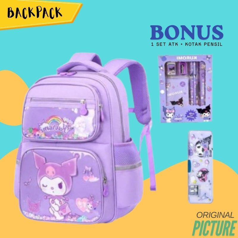 Ransel Anak Sekolah Murah Motif Kuromi Free Bonus Botol Jam Tangan Nano Spray Dan Gantungan Lucu Cut