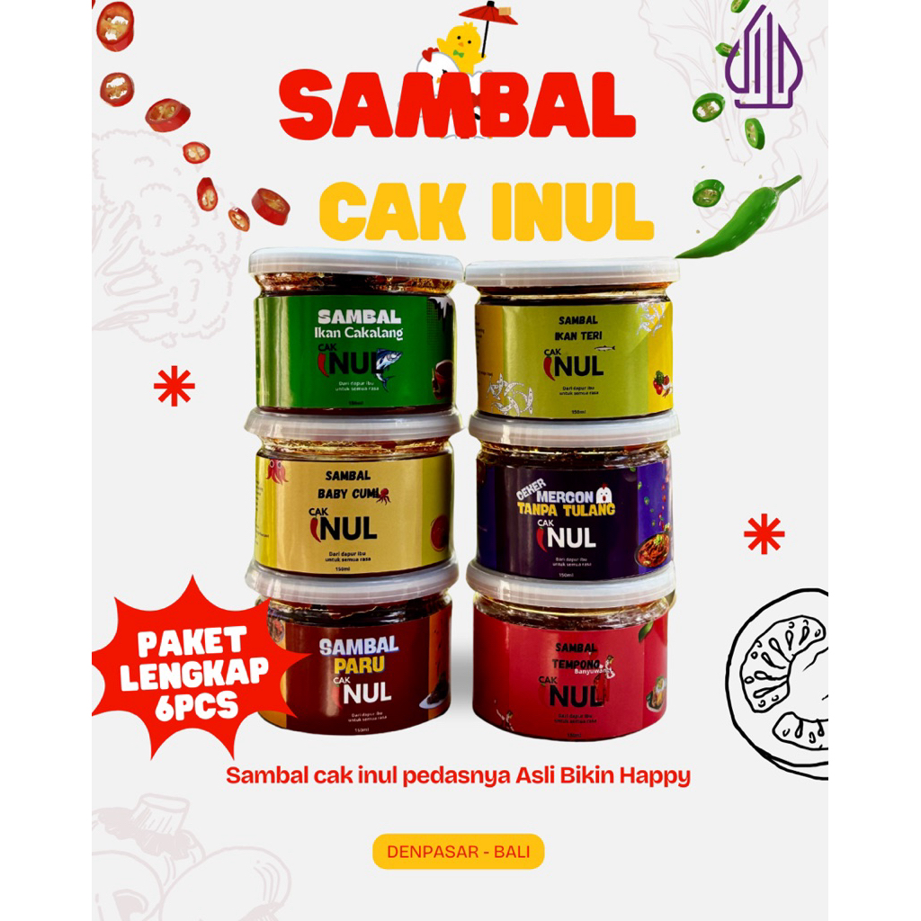 

Paket Hemat 6pcs Lengkap Cak Inul by Request - 150gr HALAL / sambel Ikan Cakalang / ikan teri / Sambal paru / sambal tempong banyuwangi / Paket Sambal Cak Inul 6 Varian – Sambal Paru, Baby Cumi, Cakalang, Teri, Ceker Mercon, Tempong Pedas Tahan Lama