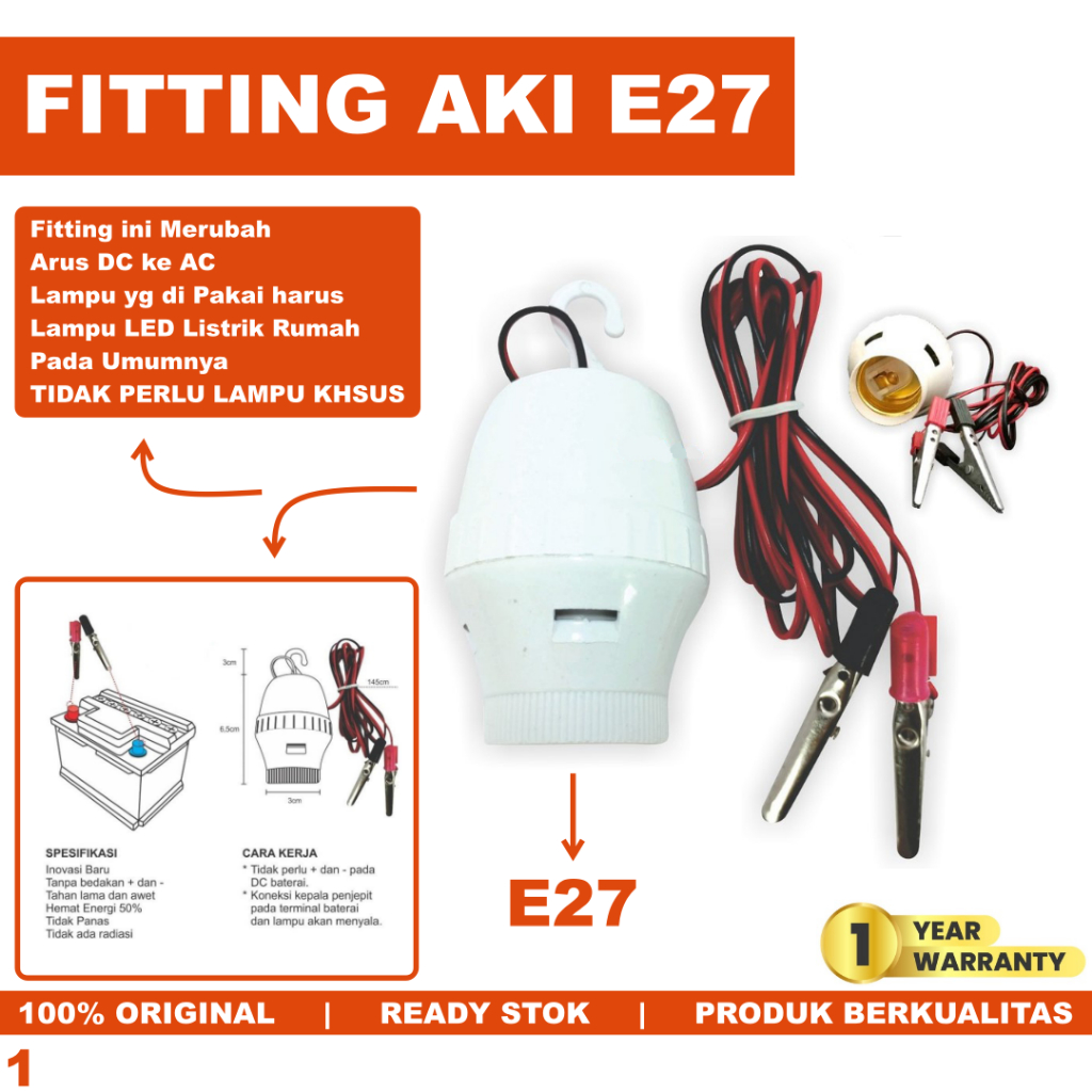 Fitting Lampu Aki AC/DC Inverter Fitting Jepit Aki E27 Fiting Gantung Fitting Lampu Aki DC ke AC