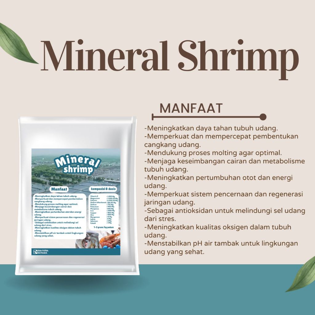 

Mineral Shrimp @1Kg, Meningkatkan daya tahan tubuh udang , Memperkuat dan mempercepat pembentukan cangkang udang