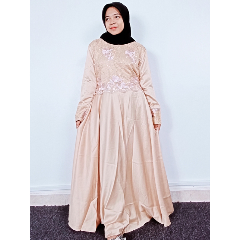 Gamis Nafisa Pesta Bahan Roberto Cavali Kombinasi Tile Polos Dress Muslim Mewah
