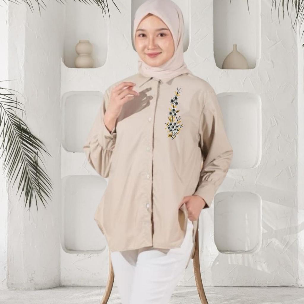 Kemeja Formal Wanita-Kemeja Kerja Wanita-Kemeja Putih Wanita-Kemeja Bordir Motif Bunga-Kemeja Polos 