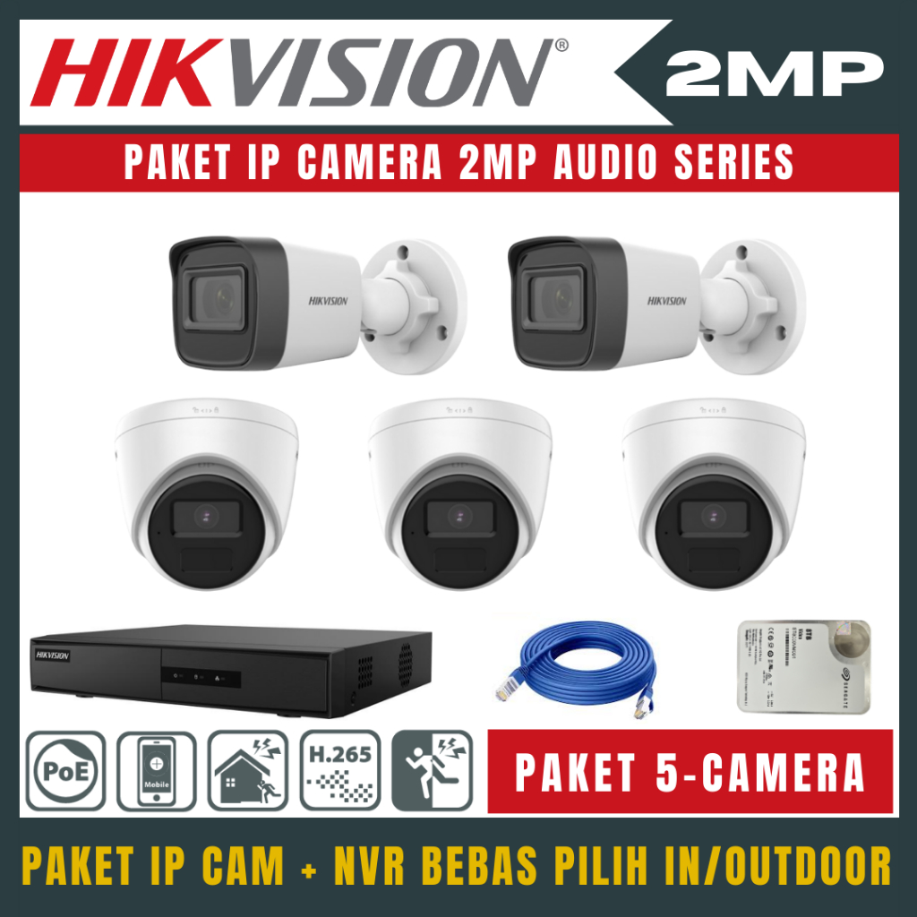 PAKET CCTV HIKVISION 2MP IP CAMERA 8 CHANNEL 5 KAMERA